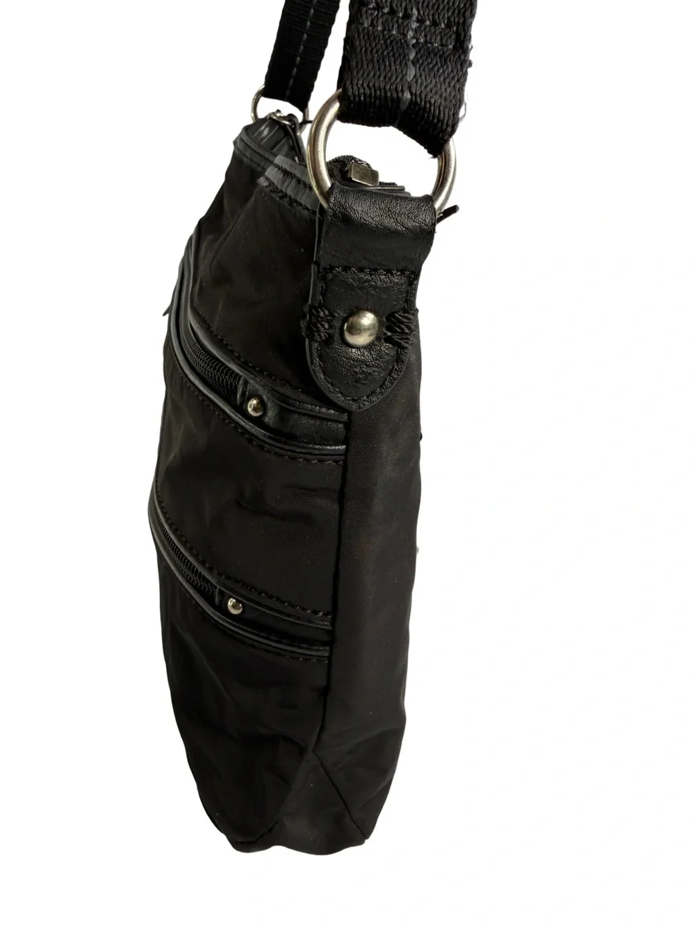 Black Nylon Crossbody Bag with Multiple Zipper Pockets